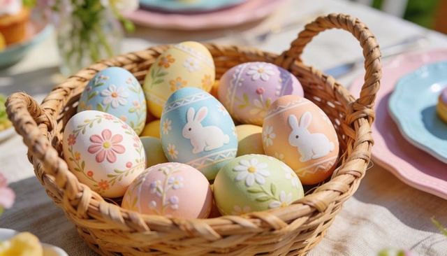 Pastel hand-decorated easter eggs in wicker basket with floral and bunny motifs on linen table