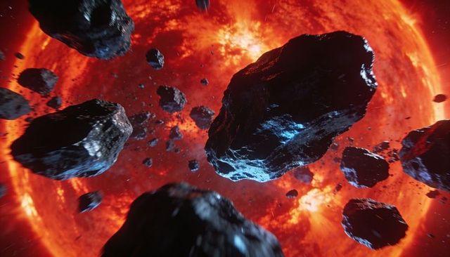Drifting Metallic Asteroid Field Backlit by Fiery Red Star with Plasma Flares