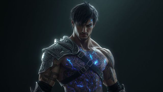 Heroic fantasy warrior with glowing blue tattoos