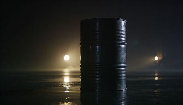Dented Steel Drum Standing on Wet Warehouse Floor Casting Headlight Reflections