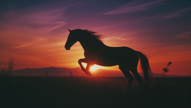 Majestic horse silhouette at sunset over serene plain