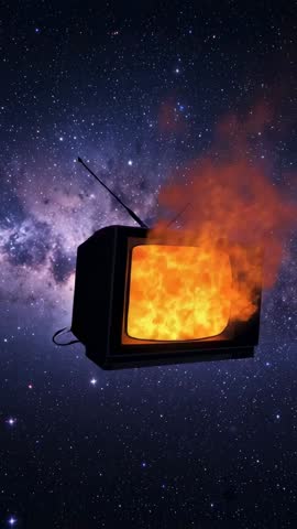 Rotating Vintage CRT TV Burning in Cosmic Space Vertical Video Loop