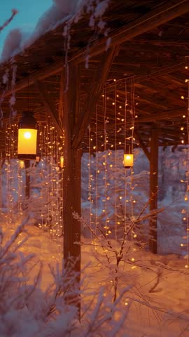 Vertical winter pergola reel with glowing amber lanterns and cascading fairy lights