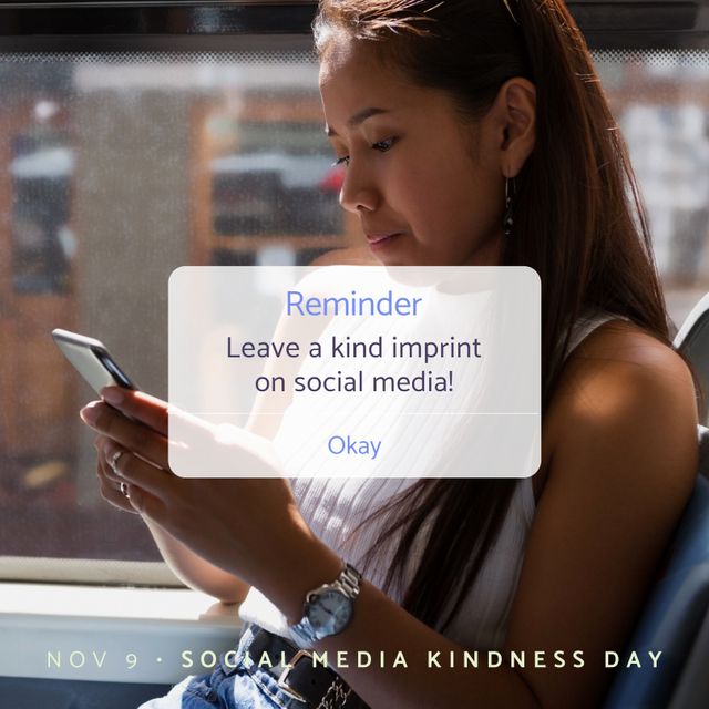 Asian woman sitting by a window and engaging with her smartphone. Overlaid are bright text reminders to leave a kind imprint on social media for Social Media Kindness Day. Useful for promoting social media etiquette, kindness initiatives, and awareness campaigns on positive digital interactions. Ideal for social media awareness postings, kindness campaigns, and digital citizenship resources.