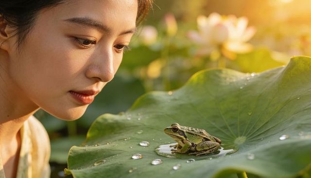 Asian woman gazing at frog on lotus leaf during golden hour with dew drops and flowers