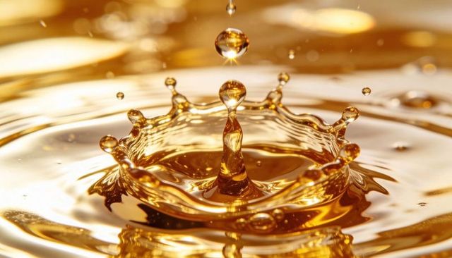 Golden liquid crown splash macro closeup droplet high speed glossy amber fluid motion