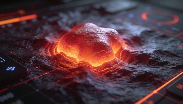 Glowing molten core forming neon orange ridged crater on futuristic circuit control panel