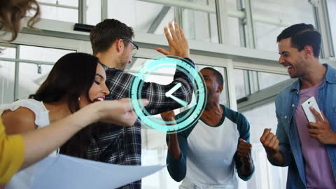 Diverse Team Celebrating with Futuristic Digital Overlay