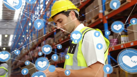 Warehouse Supervisor Uses Digital Tablet with Data Network Overlay