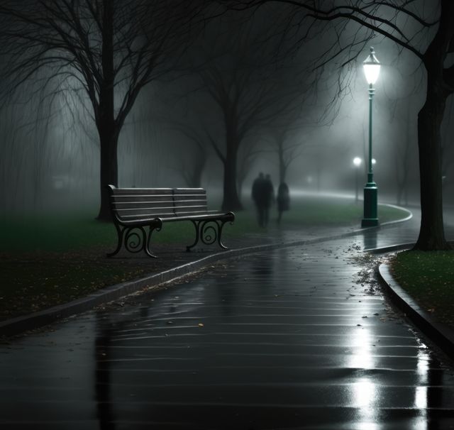 Bench in park by street lamp on dark misty rainy night, created using generative ai technology. Park, mist and rain concept digitally generated image.