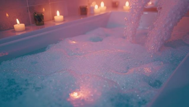 Cozy bubble bath with candlelight and relaxing ambiance