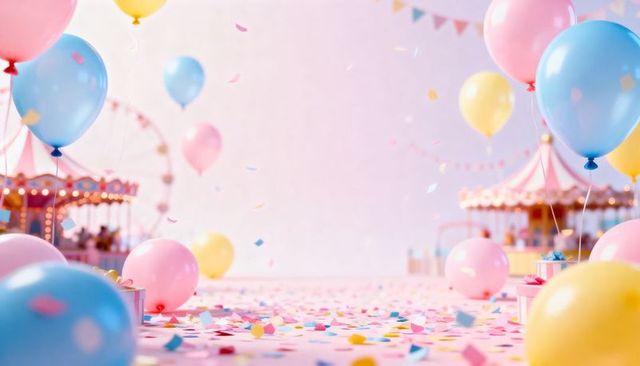 Pastel carnival confetti scene with floating balloons, carousel and ferris wheel