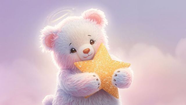 Fluffy pastel teddy bear hugging glitter star in dreamy cloudscape with soft glowing halo