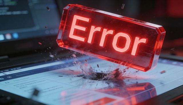 Red error block exploding through touchscreen, glitch concept for cybersecurity alerts
