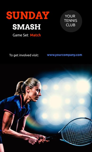 Promotional image for a tennis event named 'Sunday Smash'. Features a determined female athlete poised for action, highlighting the intensity and excitement of the game. This visual can be used for sports event promotions, gaming advertisements, athletic club advertising, and online marketing campaigns to attract participants.