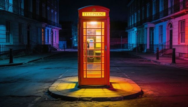 Neon-lit red telephone booth glowing on empty night street with cyan magenta contrast