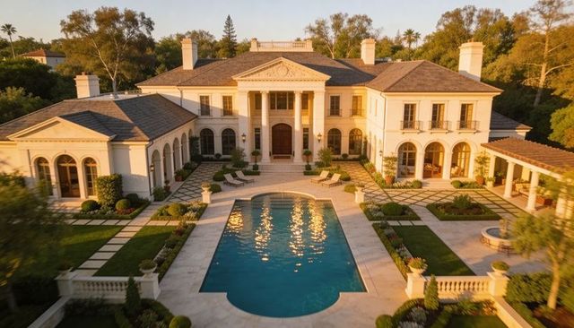 Neoclassical luxury mansion with columned portico and reflecting pool at golden hour