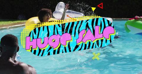 Splashing friends in backyard pool with vibrant pop-art zebra graphic overlay