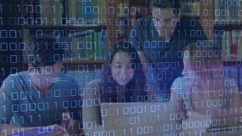 Global Technology as People Collaborating with Binary and Icons Overlay