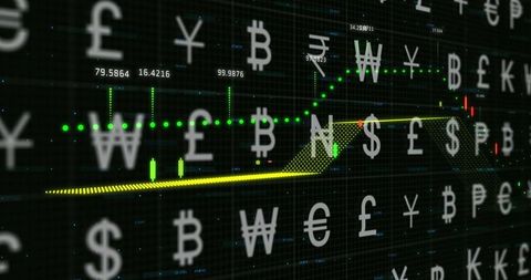 Digital currency symbols and market trends on black background