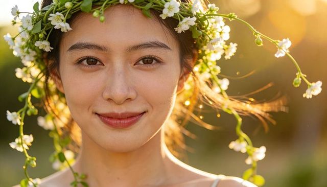 Smiling asian woman wearing floral crown at golden hour closeup, sunlit spring portrait