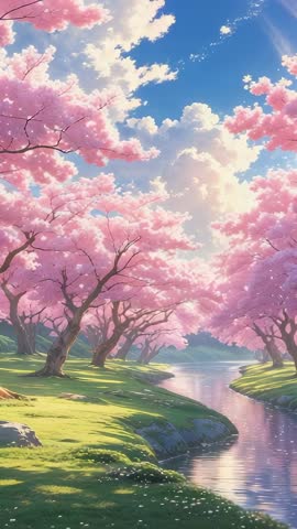 Panning Through Cherry Blossom River: Vertical Video Showing Petals Drifting on Calm Water