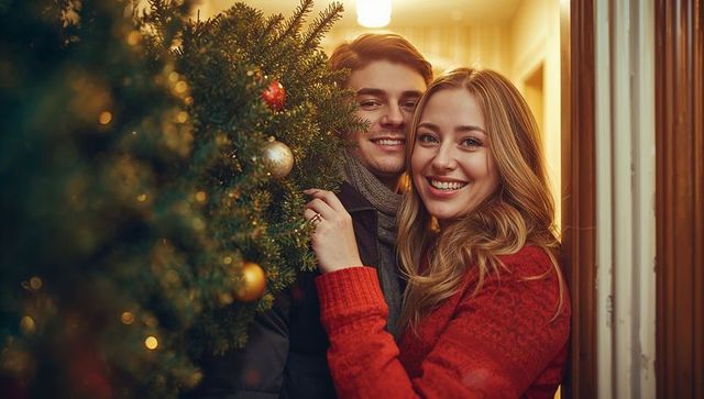 Smiling Couple Celebrating Christmas Holding Decorated Tree