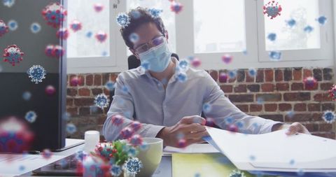 Businessman Wearing Mask Analyzing Documents with Virtual Viruses