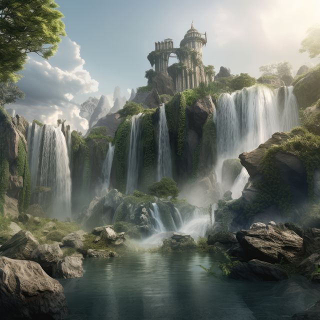 Fantasy landscape with castle, waterfalls and mountains created using generative ai technology. Fantasy, imagination and colour concept digitally generated image.