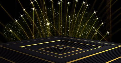 Golden Pattern and Fireworks Celebration on Black Background