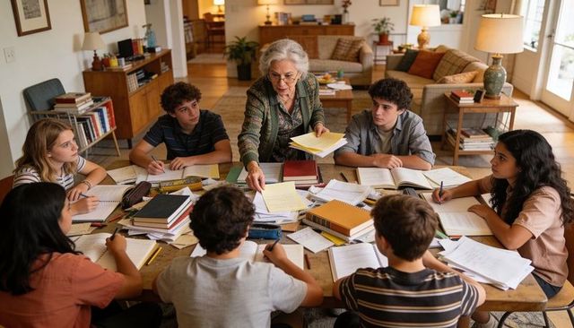 Senior tutor leading teenage study group around cluttered table in cozy living room