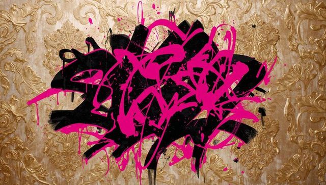 Layering magenta and black graffiti on ornate gold damask wall urban luxe street art