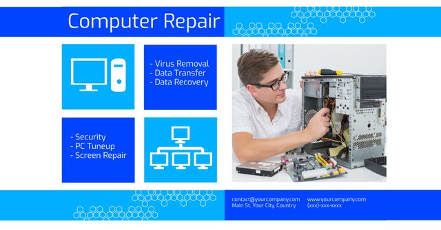 This stock photo features an advertisement showcasing professional computer repair services provided by an IT support technician. It highlights key services such as virus removal, data transfer, data recovery, security measures, PC tuneup, and screen repair. Ideal for use in IT service provider websites, promotional materials for technology repair companies, or advertisements for computer maintenance and repair services.