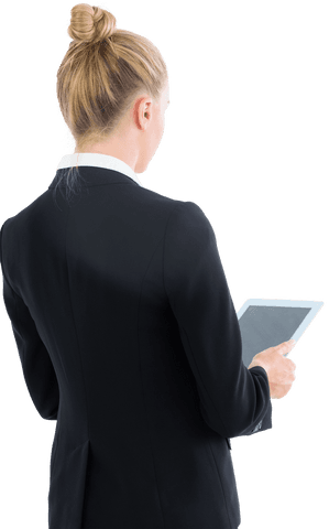 Transparent businesswoman in suit using tablet back view solution