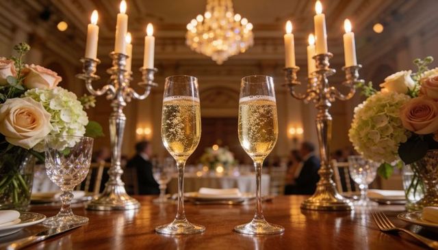 Champagne toast on elegant ballroom head table with candelabras and floral centerpieces