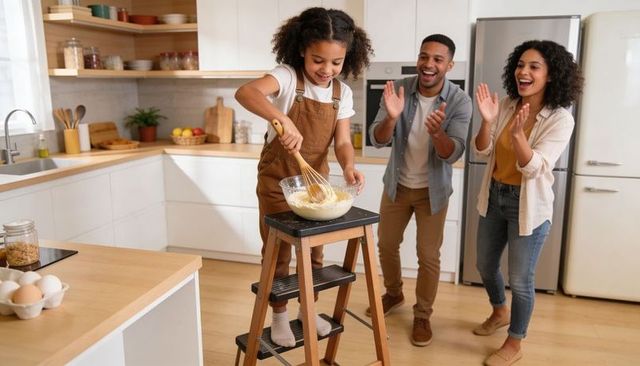 Child whisking batter on step ladder with parents clapping, joyful family baking moment