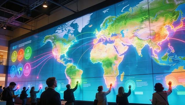 Attendees Interacting with Giant Touchscreen World Map at Tech Expo for Data Visualization
