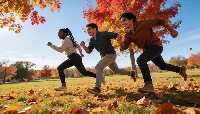 Three friends sprinting through autumn park with flying leaves and golden sunlight