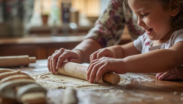 Grandmother and granddaughter rolling dough in cozy kitchen