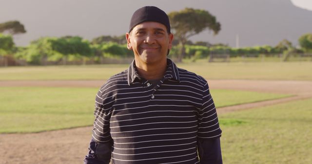 Middle-aged man wearing striped polo smiling on baseball field - Download Free Stock Images Pikwizard.com