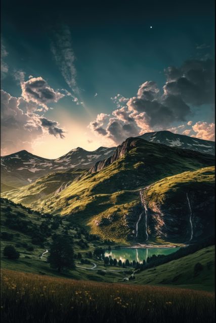 Alpine mountains basking in the golden light of sunset, showcasing dramatic cloud formations, cascading waterfalls, and a serene lake. Ideal for backgrounds, travel inspiration, nature appreciation content, and outdoor adventure promotions.