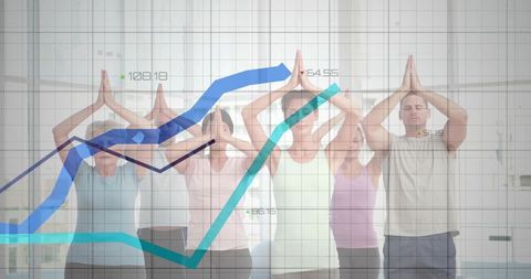 Group practicing yoga with data visualization overlay representing wellness trends