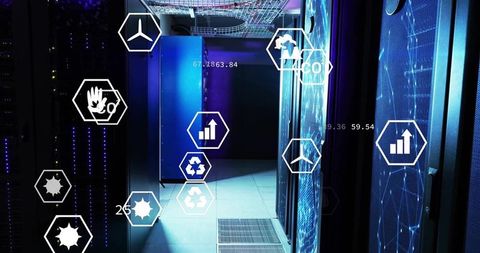 Cooled data center corridor with glowing server cabinets and ar overlays for analytics