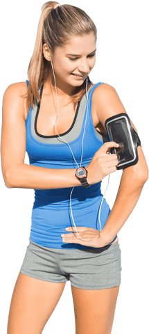 Smiling woman with smartphone exercising on transparent background