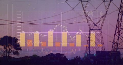 High-voltage tower against dusk with financial data overlay