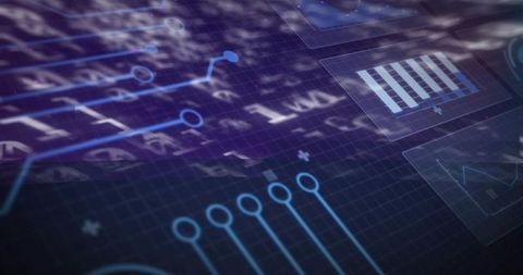 Futuristic Digital Dashboard Interface with Grid and Circuit Overlay