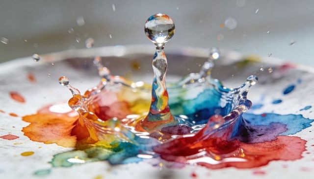 Colorful ink splash crown with water droplet column on textured paper macro photography