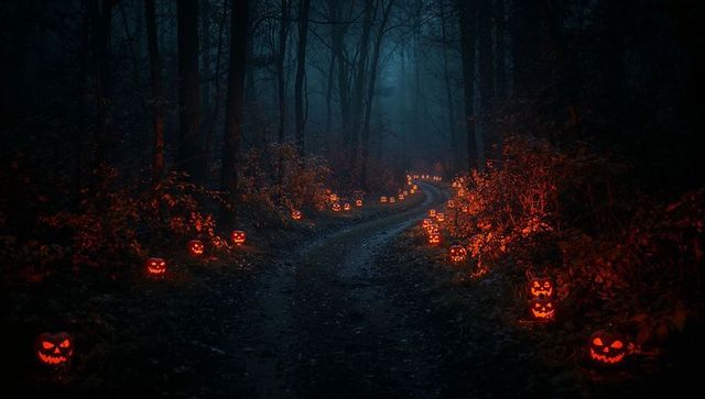 Eerie forest path with glowing jack-o'-lanterns on halloween night