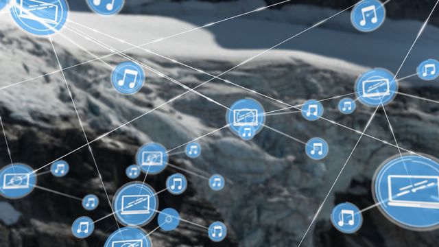 Digital representation of a network showcased with interconnected nodes over a mountain landscape. This illustration highlights concepts of global communication, technology, and connectivity immersed in natural settings. Useful for projects emphasizing technological advancements, connecting ideas, or juxtaposing nature with the digital world.