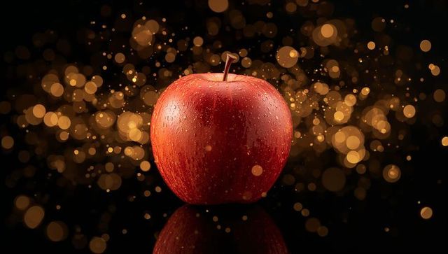 Red apple with golden bokeh orbs glistens in elegant still life